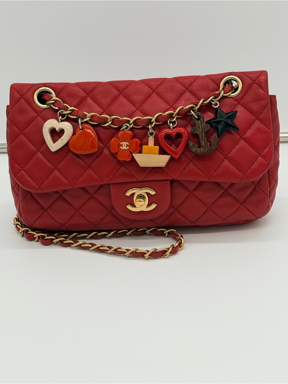 CHANEL Red Quilted Leather Shoulder Bag with Charm Chain COA READY